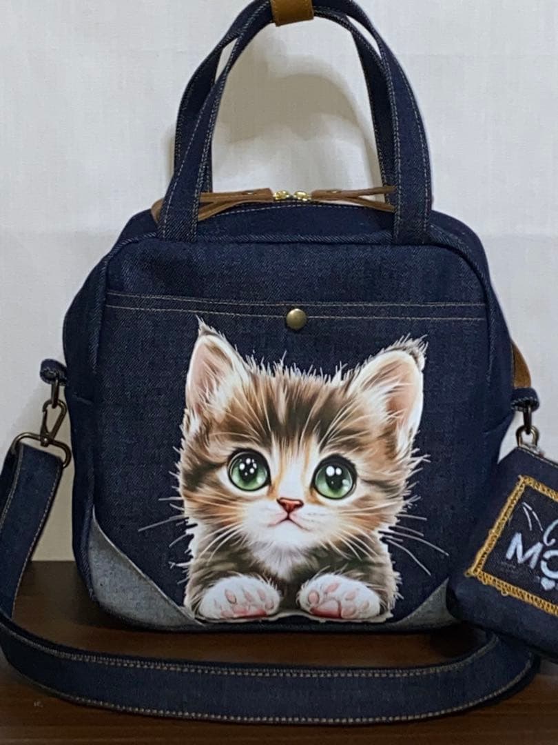 男女兼用☆岡山デニム♪ステンシル☆トラネコ☆Sサイズ☆3wayボストンバッグ