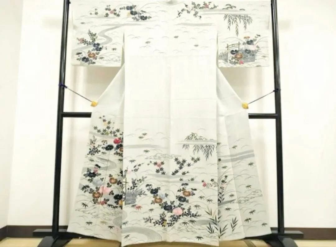 ◆御所解◆京友禅/金駒刺繍/薄グレー特選訪問着 正絹流水風景文/菱健桐壺