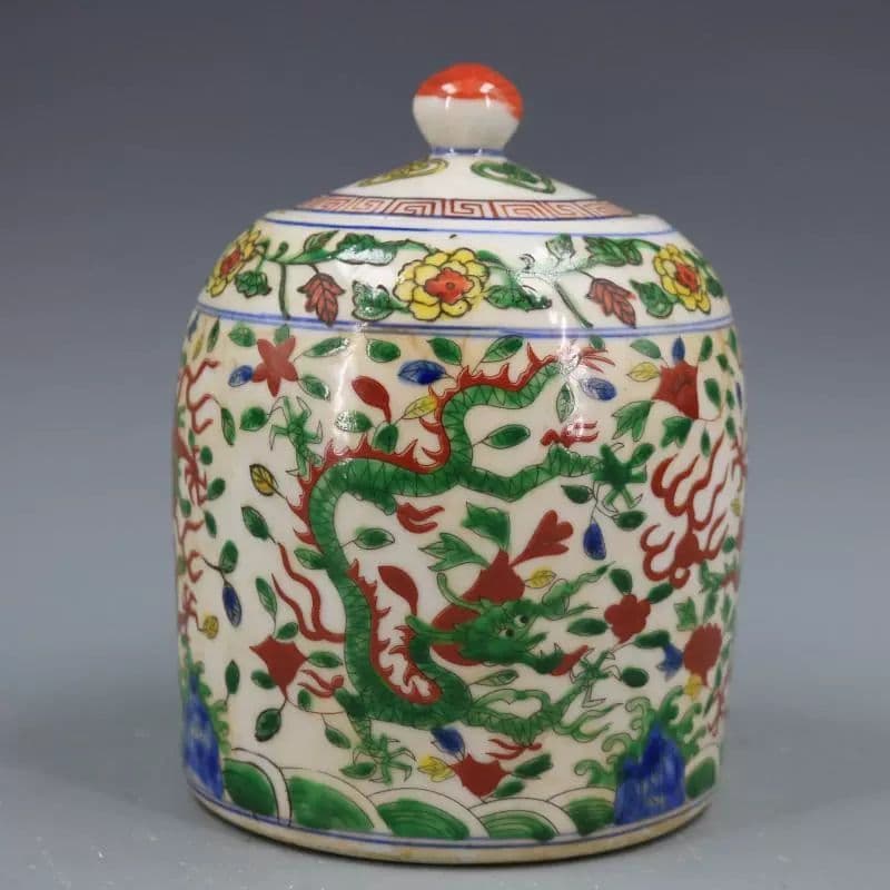 青花五彩着花竜紋蓋缶 景徳鎮 陶磁器 装飾品 現代工芸品 美術品 置物