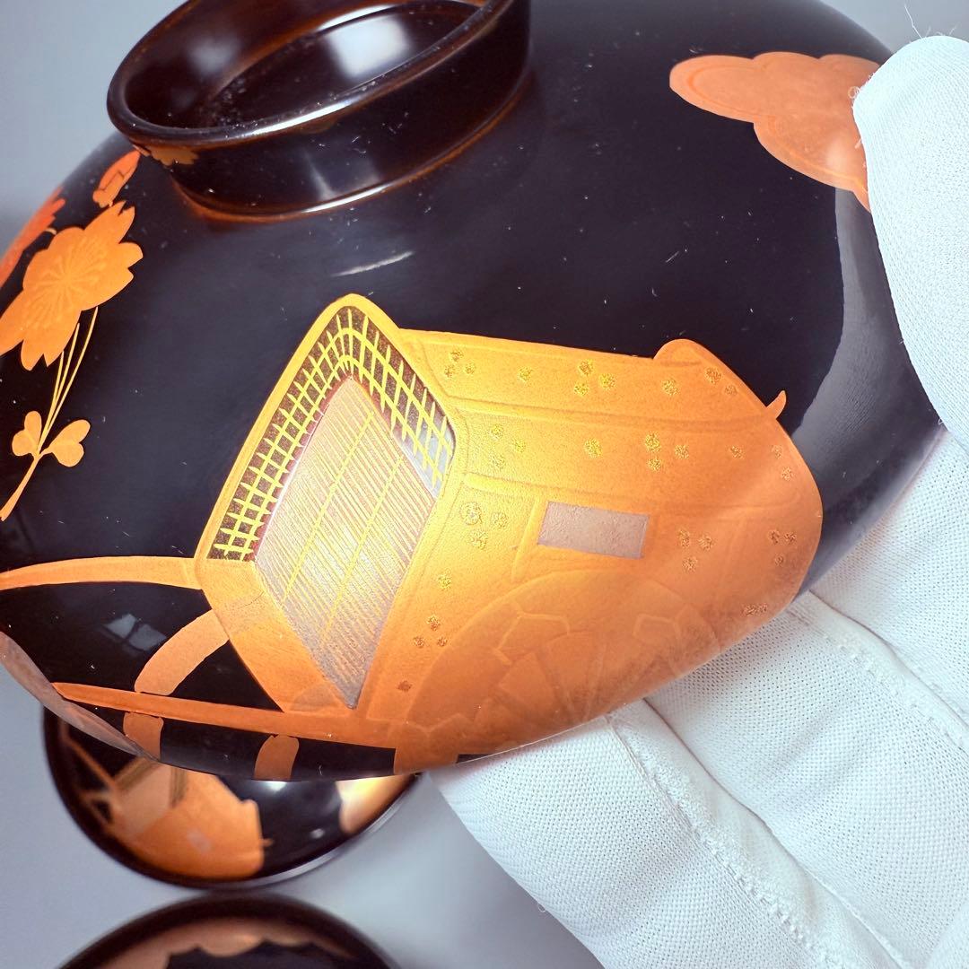 輪島塗　武田漆器店　金蒔絵牛車桜文吸物椀　国産漆100％使用　共箱　資産家特注品