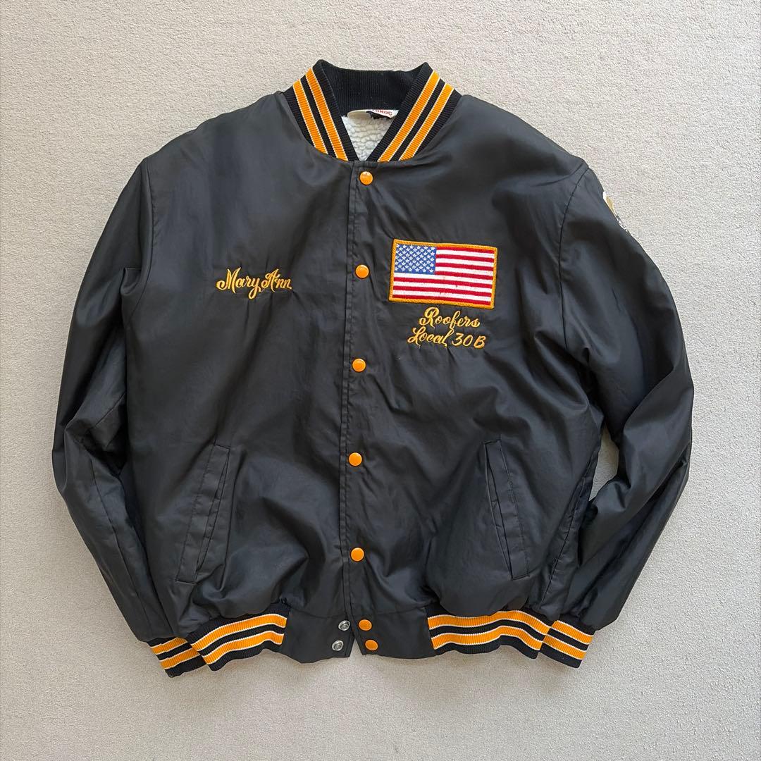 【90s USA製】RENNOC スタジャン L ブラック×オレンジ 刺繍 短丈