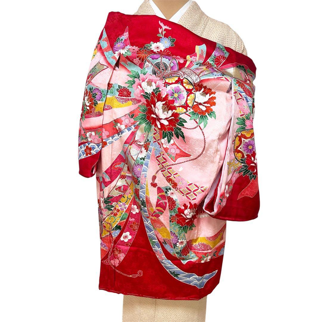 着物　お宮参り　産着　祝着　赤　つづみ　束ね熨斗　四季草花　女の子　襦袢付き