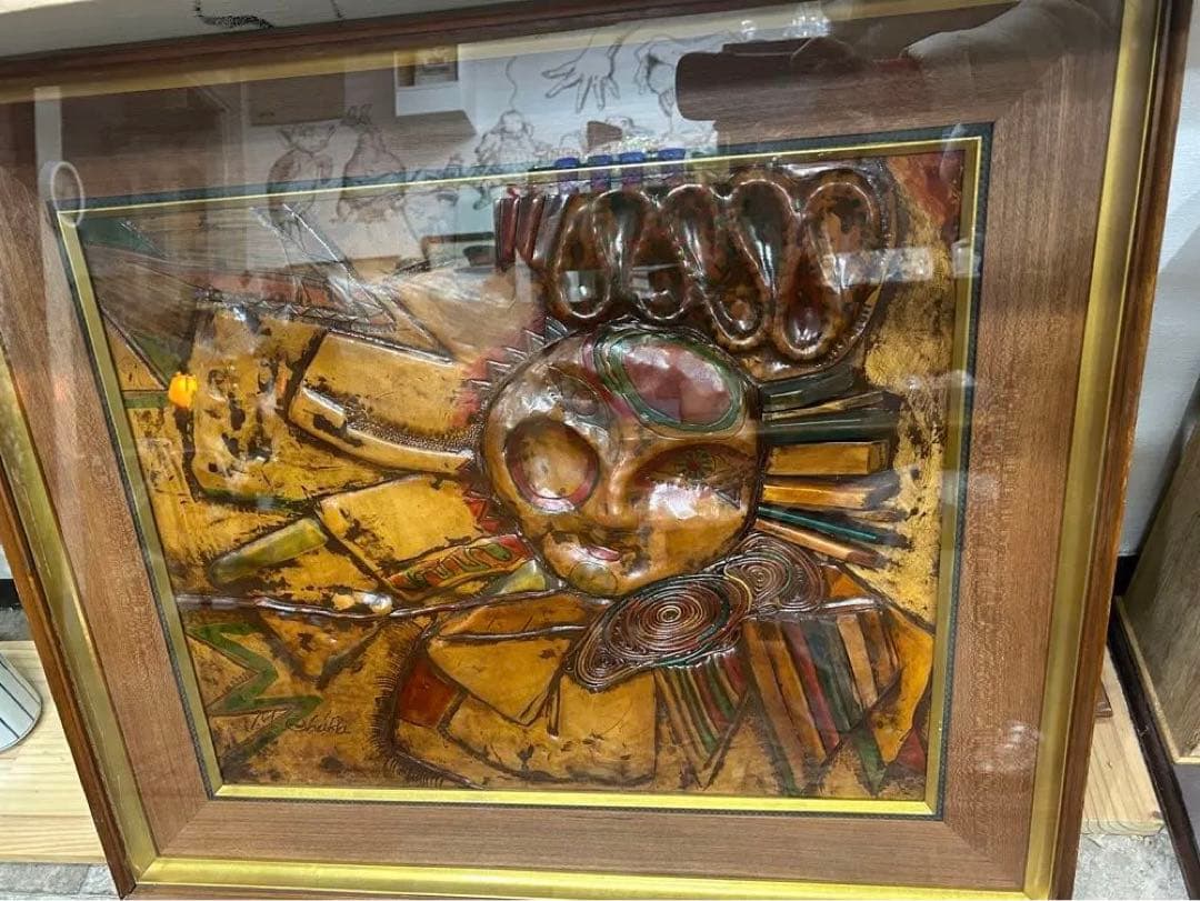 ヴィンテージ 革のレリーフアート M.Ohara サイン入り 壁掛けアート