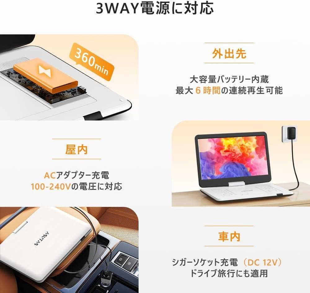 ポータブルdvdプレーヤー 17.9型 14インチ 5000mAh 超大画面 白